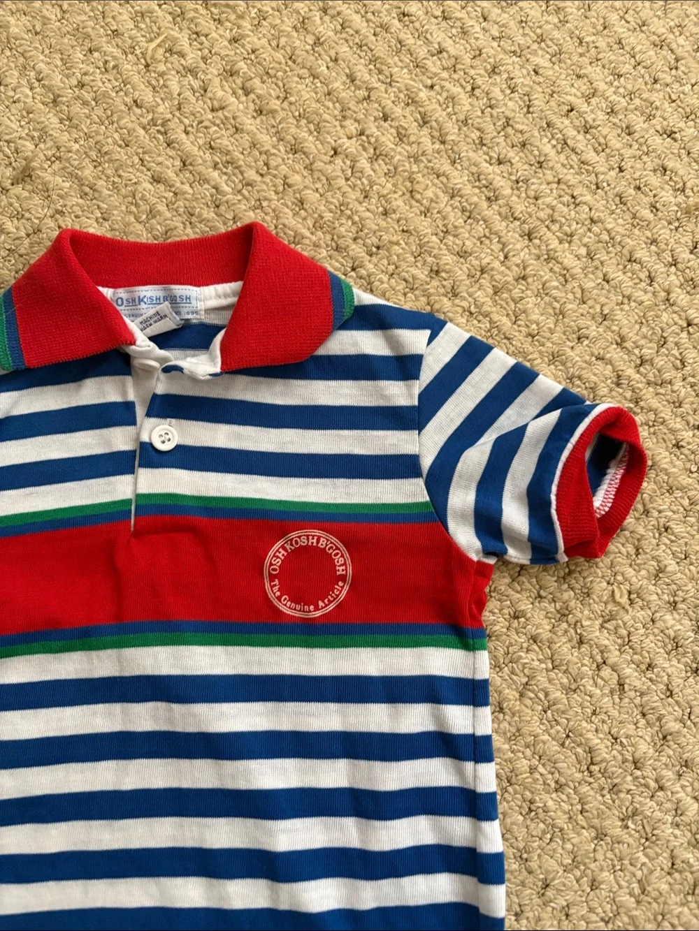 Vintage 80s OshKosh B’gosh Boys Size 4T Red Blue Stripe Polo Logo